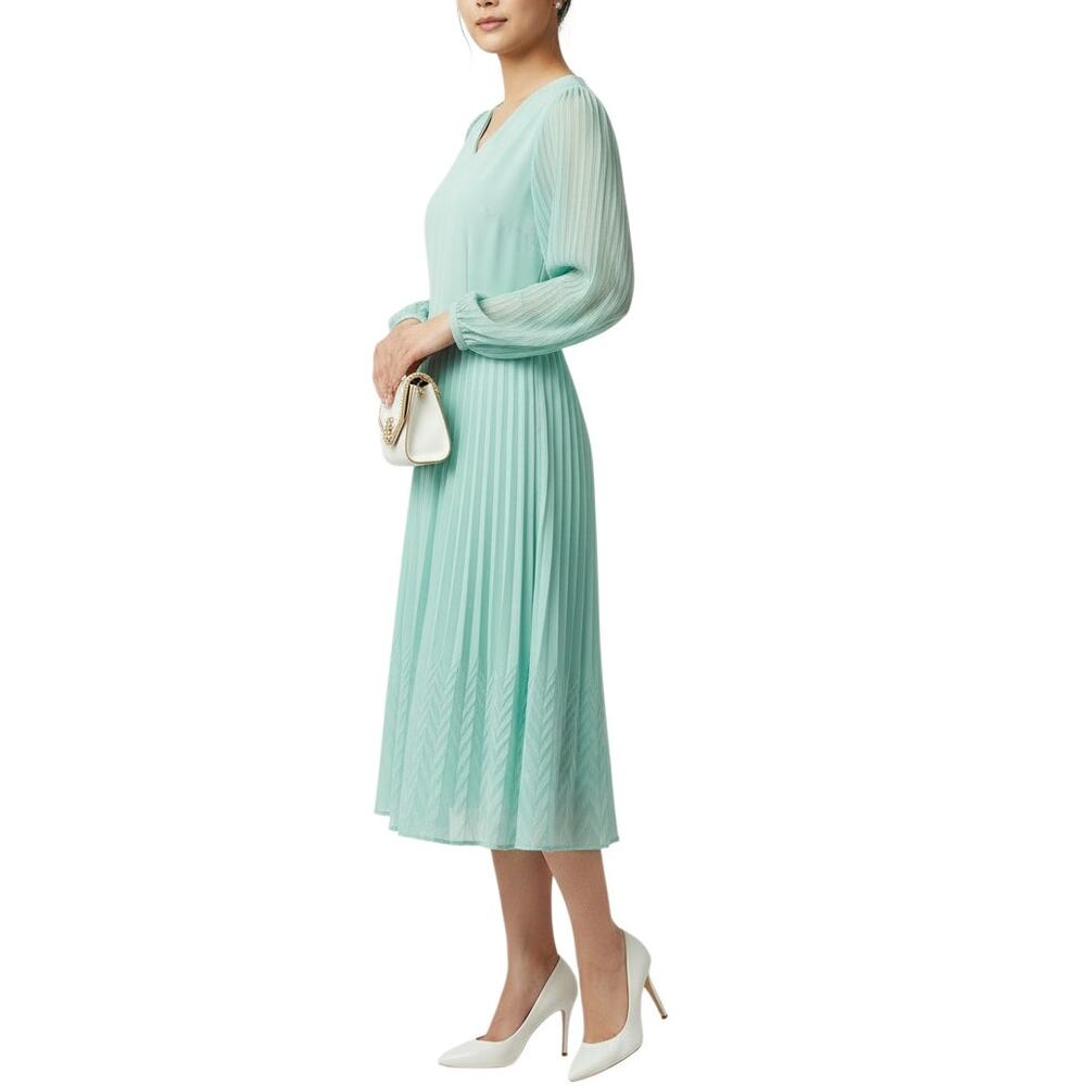 Vintage 80s Mint Aqua Polyester Pleated Midi Dress Sheer Sleeve Lace Trim Medium